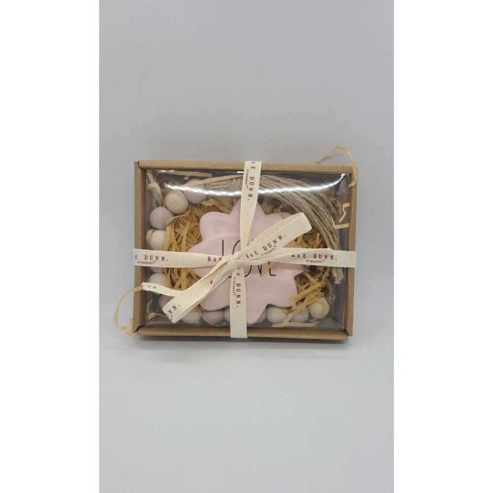 Rae Dunn "Love" Pink Beige Home Beads With Ceramic Plaque Wooden Beads And Jute